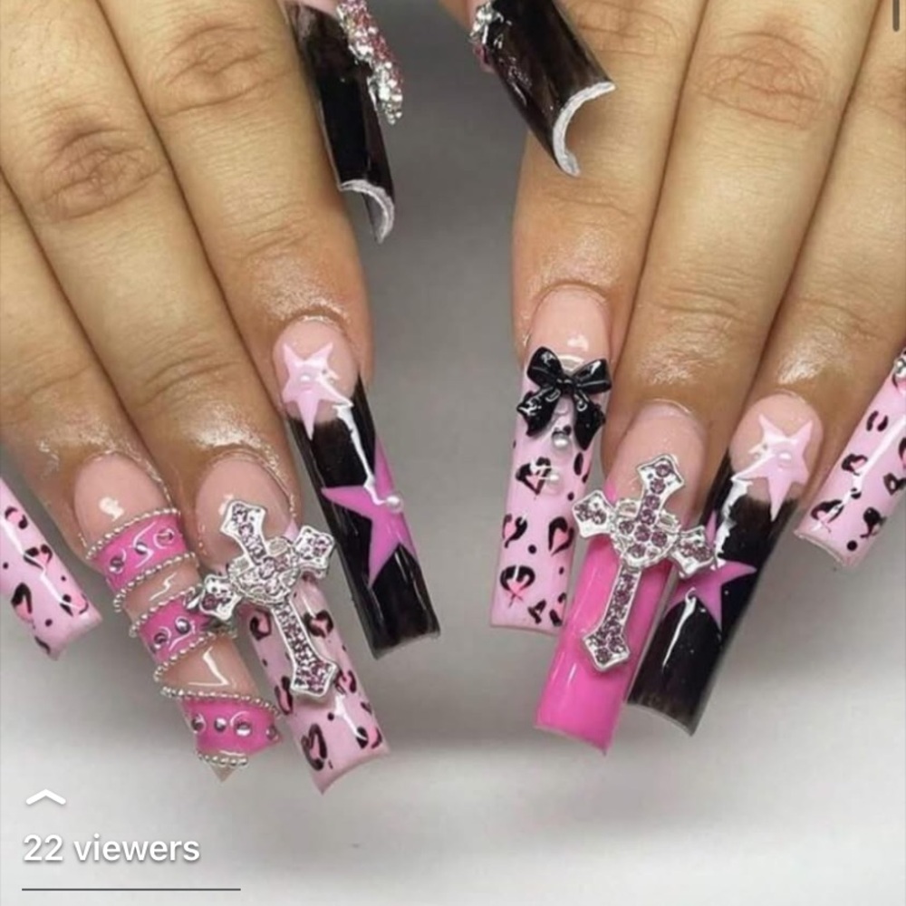 Pink and Black Leopard Press On Nails with Cross Accents